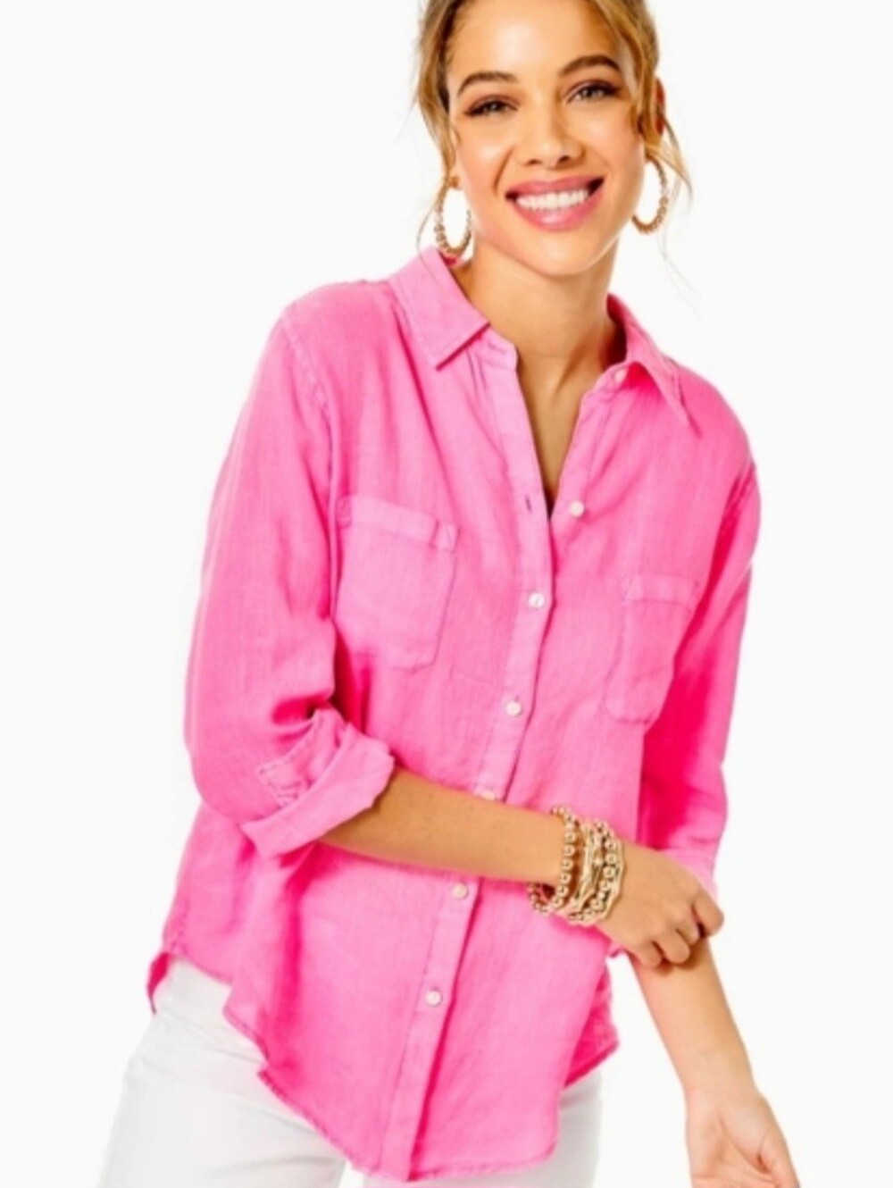 Lilly Pulitzer Sea View 100% Linen Shirt Bright Pink Size Large (D27)
